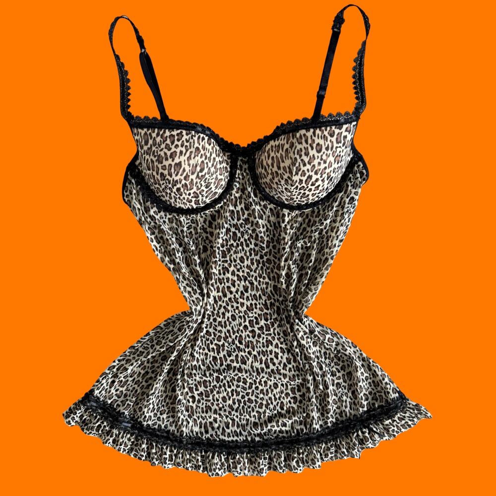 00's vintage leopard mesh mcbling mob wife lingerie y2k bustier babydoll XL